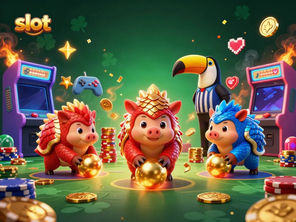 Slot yang seru: dua pangolin berkompetisi di arena kasino dengan mesin permainan.