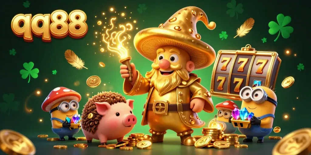 Witness the magical qq88 tournament where the golden wizard channels winning fortunes through slot challenges amidst sparkling treasures.
