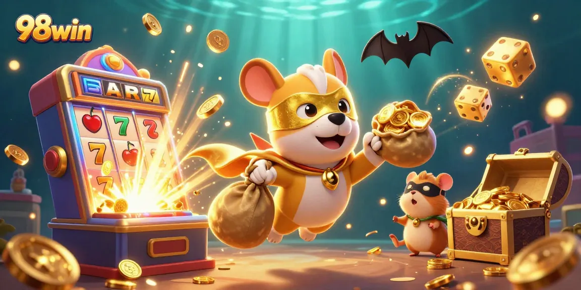 Engage thrilling games at 98win with a cartoon superhero dog and exciting casino elements!