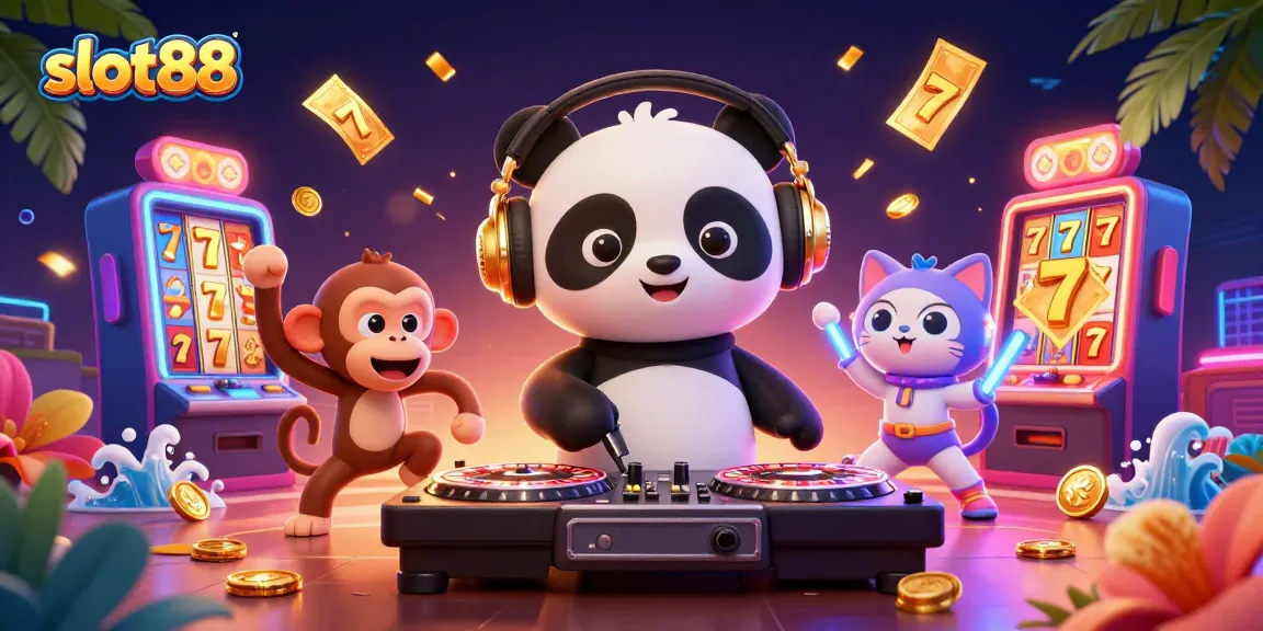 Spin to win with slot88, featuring a DJ panda and exciting game elements in vibrant 3D illustration.
