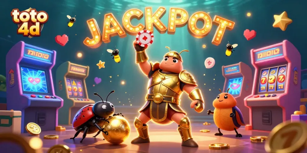 Menang besar dalam permainan toto 4d dengan ilustrasi 3D serangga, jackpot bersinar, dan mesin permainan warna-warni.