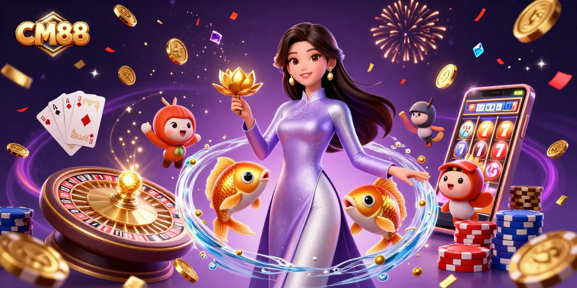 Experience thrilling gaming with CM88's vibrant digital casino scene featuring elegant characters and dynamic elements.