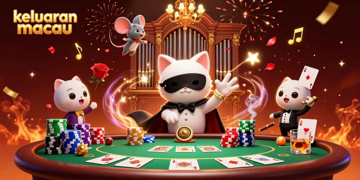 Keluaran macau menunjukkan kucing putih setengah topeng di kasino, dikelilingi chip poker dan kartu.