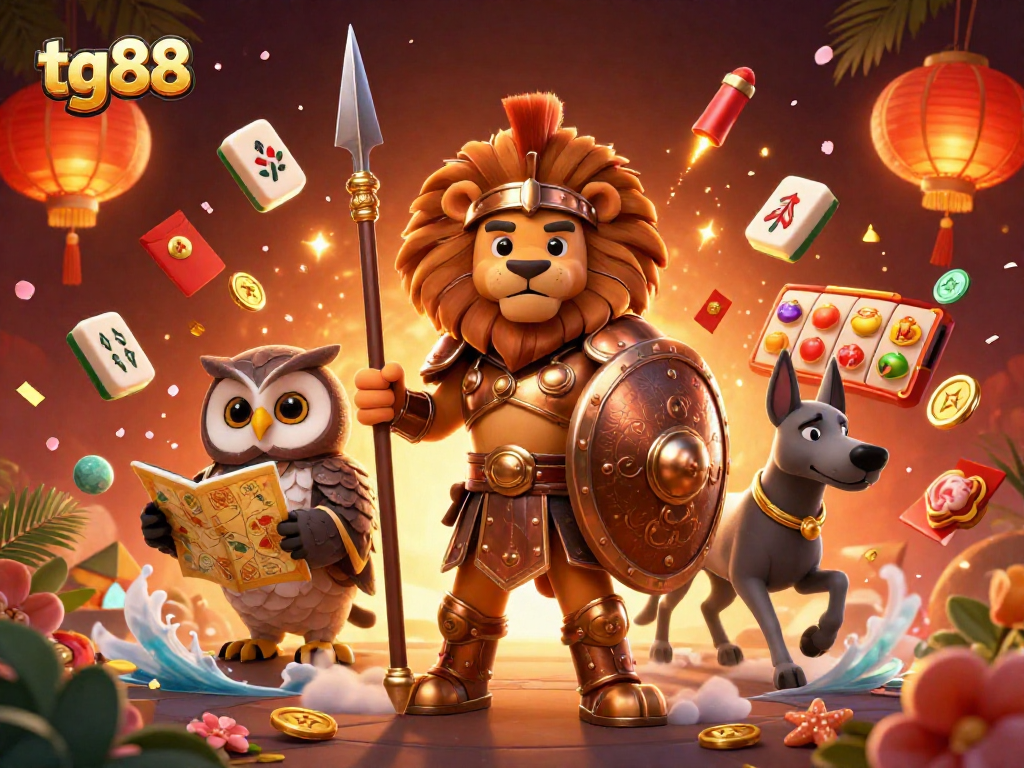 Experience thrilling gameplay with tg88 as a majestic Spartan lion leads the adventure through a vibrant casino universe.