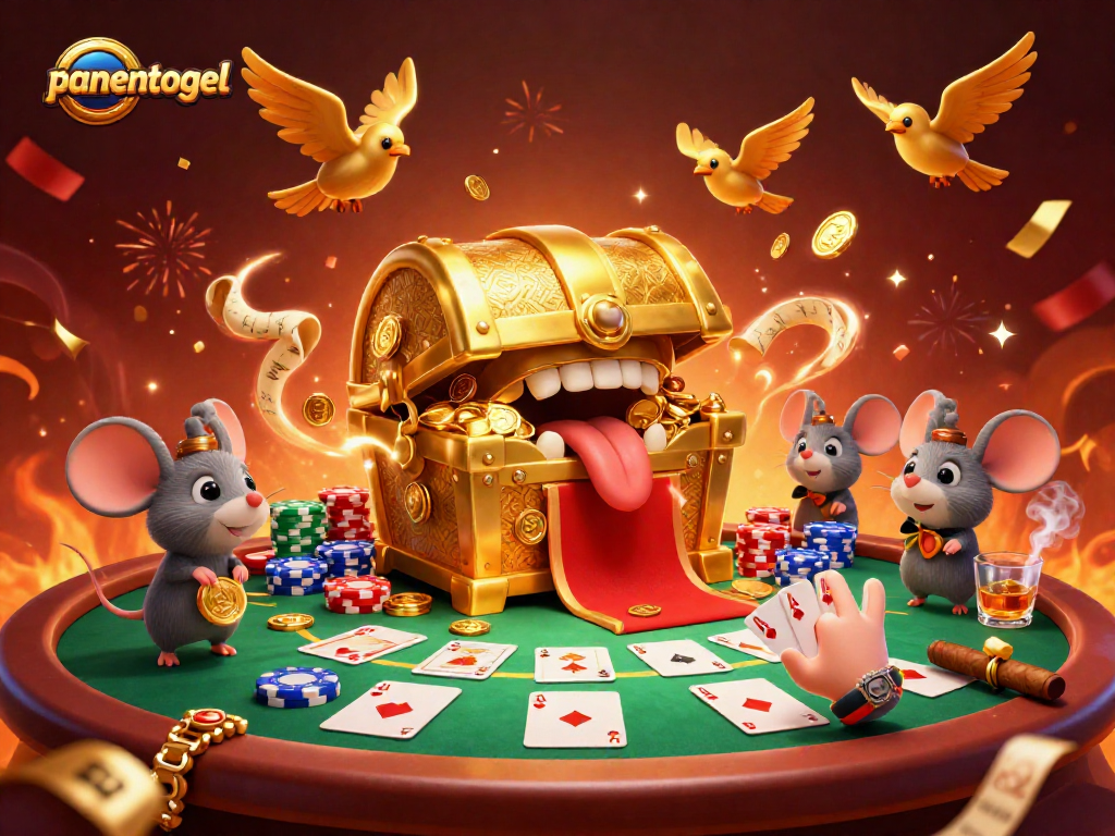 Engage with panentogel's vibrant gambling action featuring a treasure chest and poker elements.