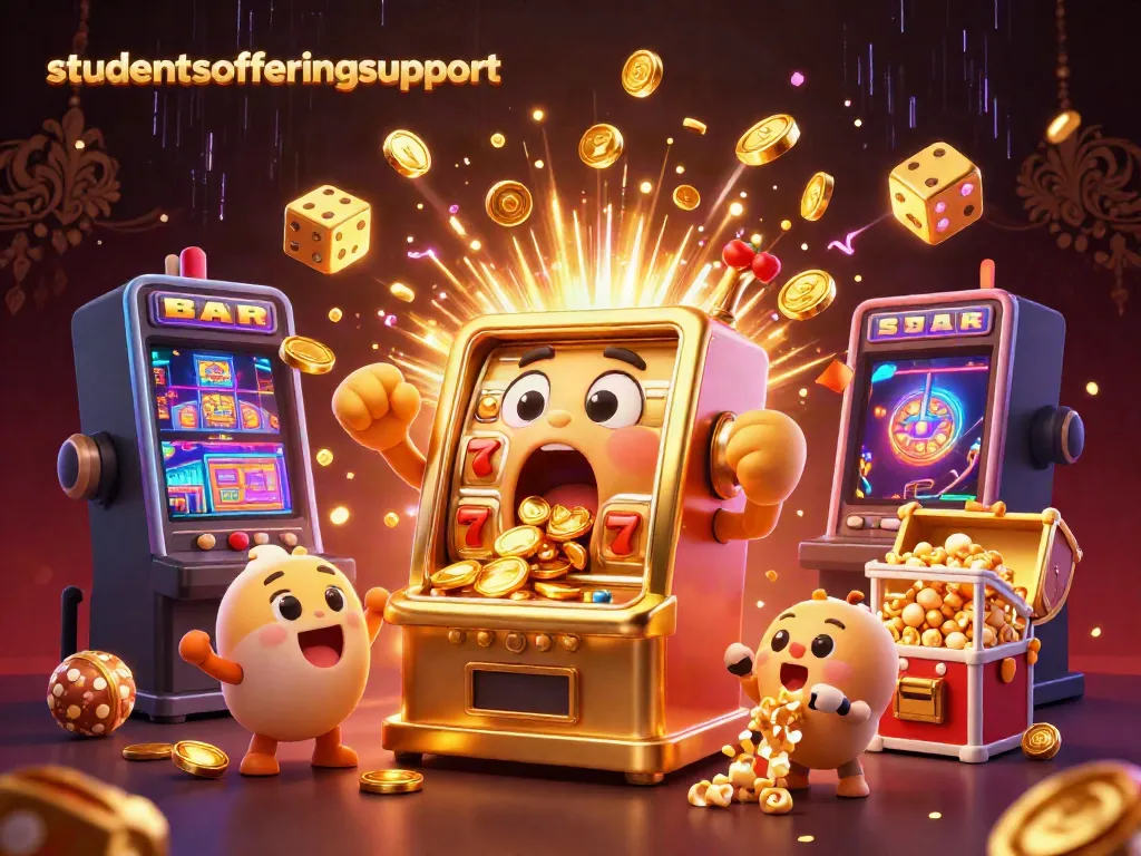 studentsofferingsupport memenangkan jackpot dengan mesin slot emas ceria, menampilkan koin berlimpah dan keceriaan dalam suasana kasino