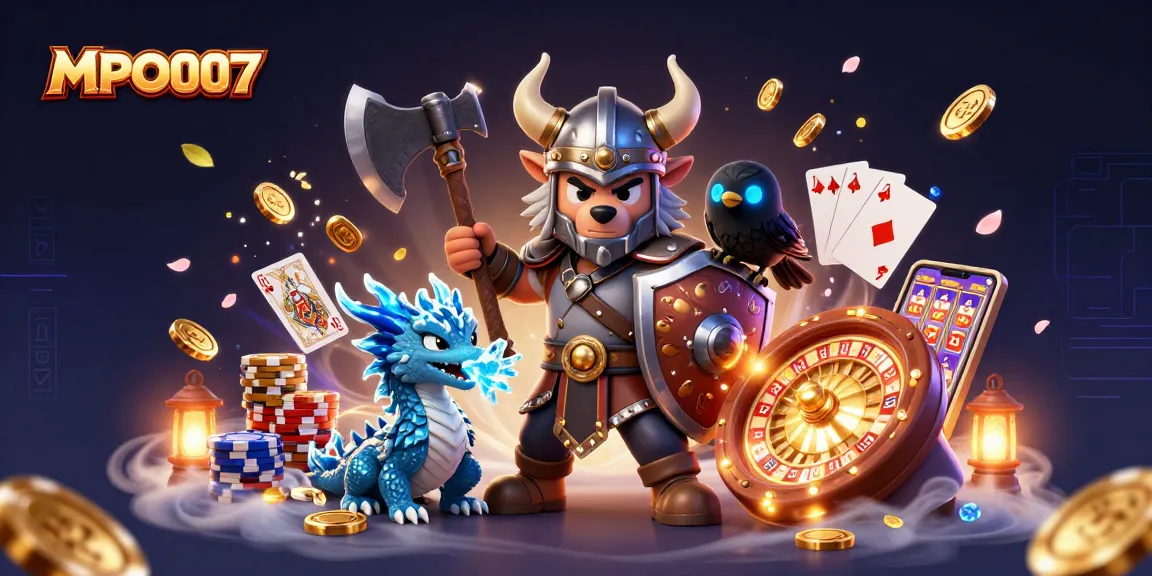 MPO007 captures an epic Viking wolf warrior, dragon, and raven amid a dynamic casino scene.