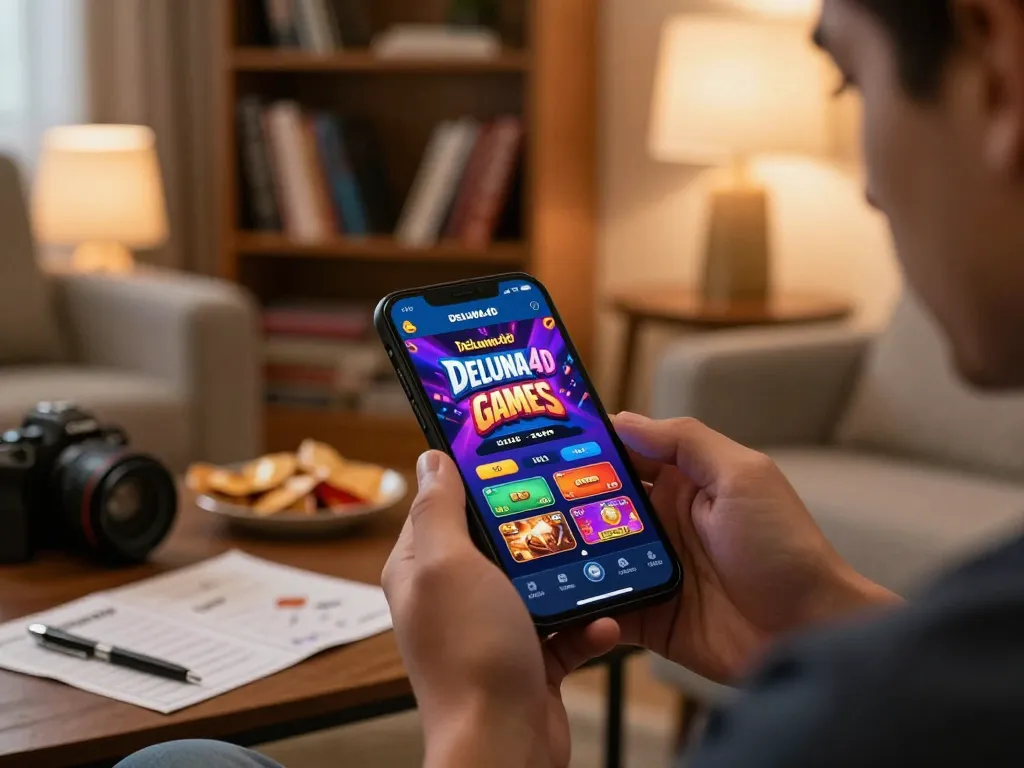 Terlibat dengan permainan aplikasi mobile deluna4d di lingkungan rumah yang nyaman, menunjukkan strategi bermain yang bertanggung jawab
