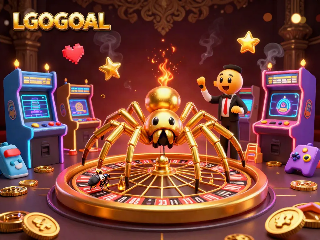 Experience the thrill at LGOGOAL as the golden spider spins a roulette-themed web, surrounded by vibrant gaming elements.