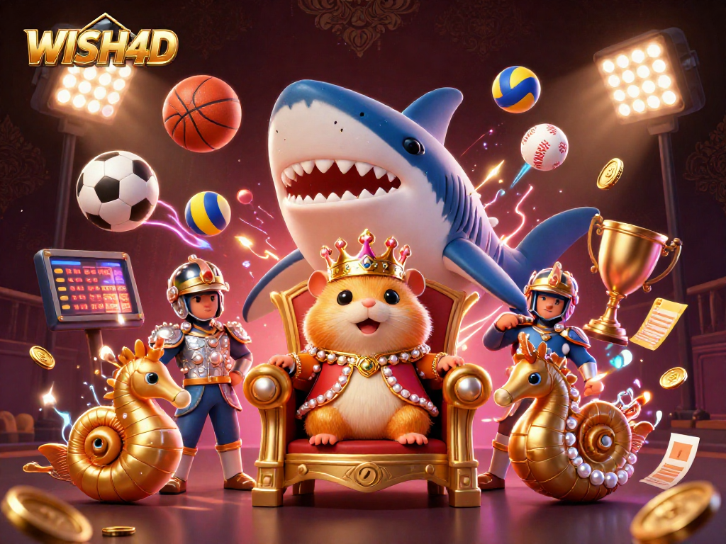 A gold hamster king in a coral crown leads a sports-themed realm with WISH4D, showcasing betting excitement.
