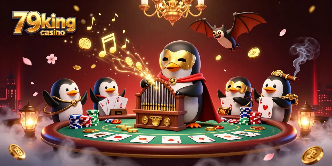 Experience the thrill of 79king casino with a vivid scene of a whimsical penguin playing organ, generating golden coins.
