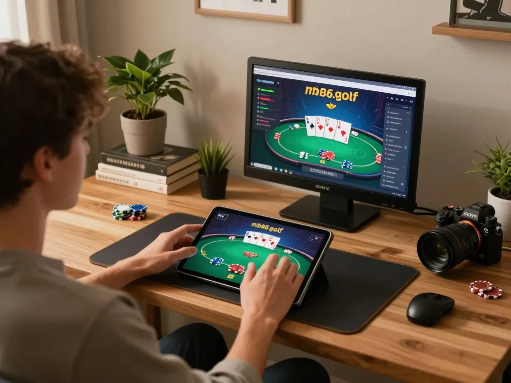 Engaging poker game on https://mb66.golf/ showcased on tablet, cozy home gaming scene.