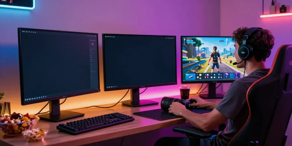 Gamer menikmati permainan di platform bukumimpi138 daftar dengan suasana ceria dan penuh warna.