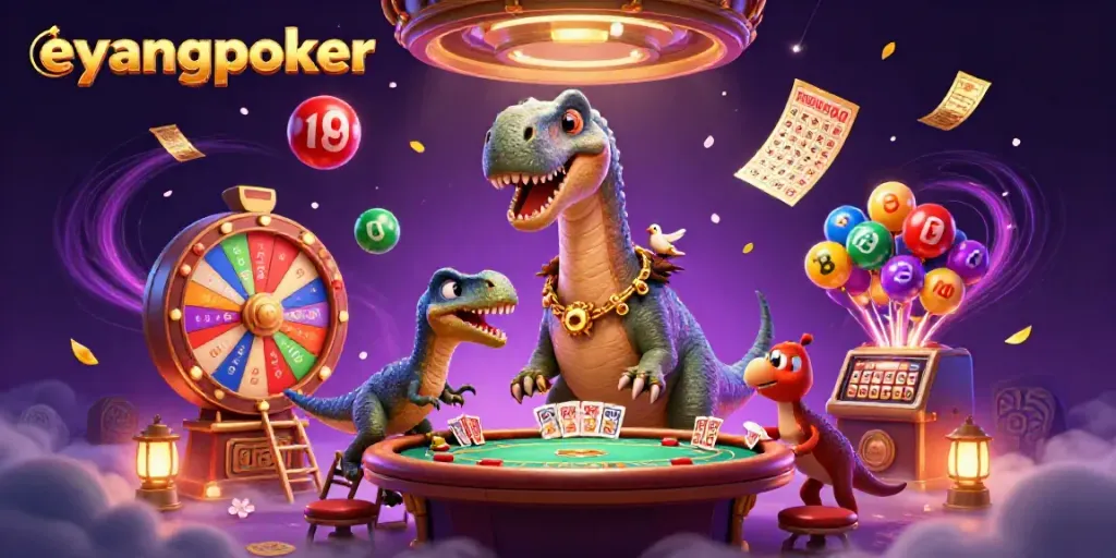 Visualisasi Eyangpoker dengan dinosaurus tinggi dan raptor bertransaksi kartu, suasana fantastis.