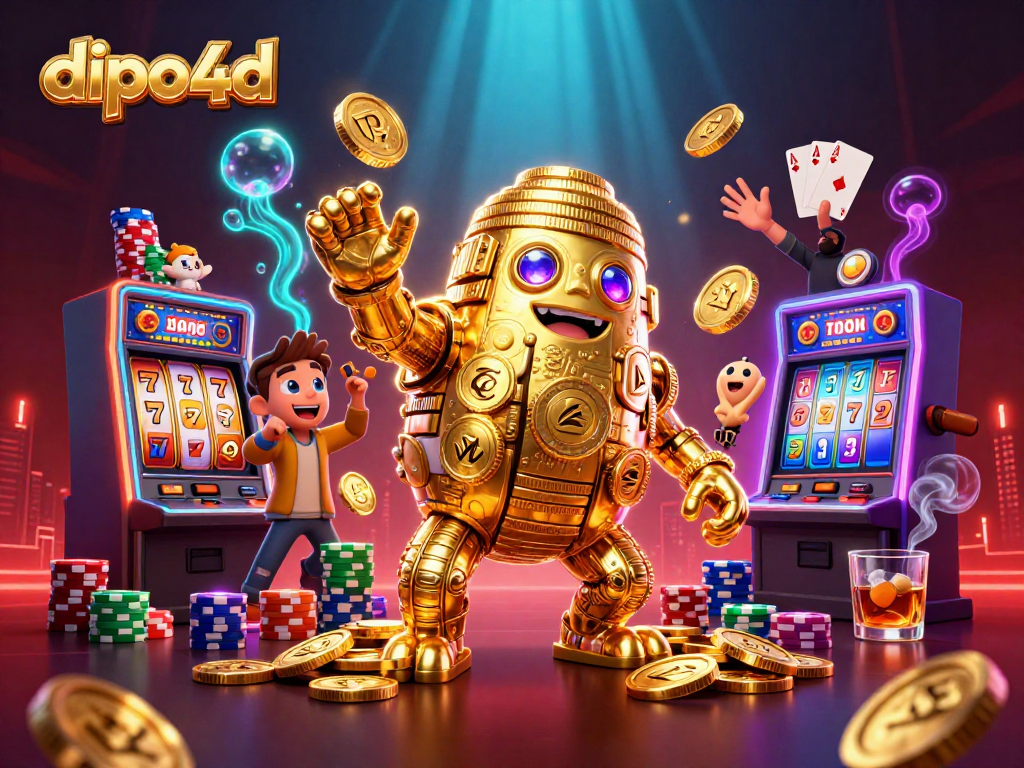 Engage with dipo4d's vibrant gaming world illustrated with slot machines, golden golems, and rich casino elements.
