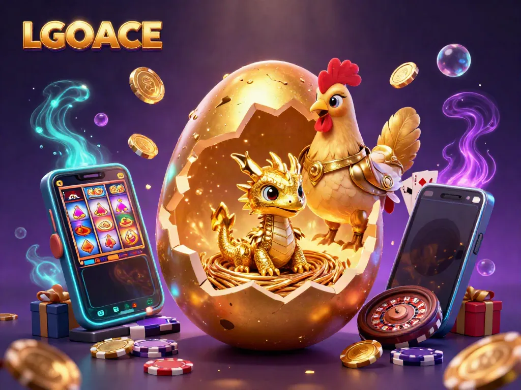 LGOACE showcases a golden baby dragon amidst poker chips, highlighting a thrilling online gaming experience.