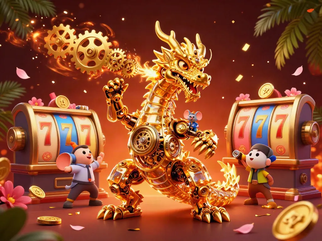 Engage in thrilling action at IDQQ88's slot games featuring a biomechanical dragon and luxurious elements.