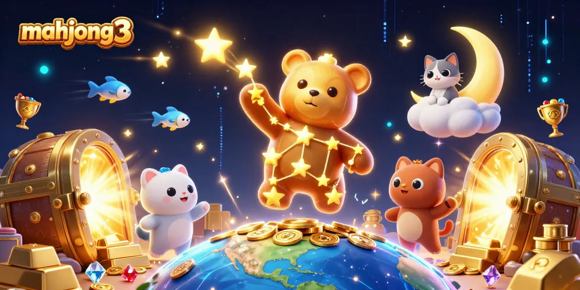 Engage with mahjong 3 in a vibrant, treasure-filled scene showcasing a constellation bear, coins, and gems.