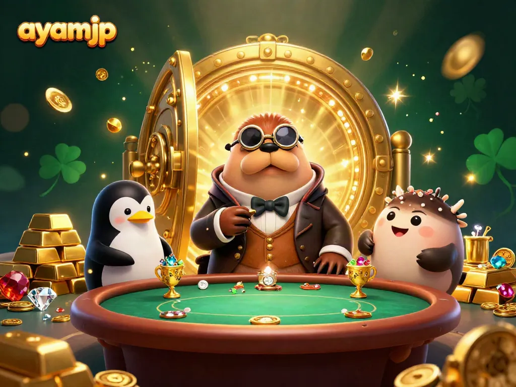 Engage in thrilling gameplay at ayamjp with a jolly walrus and friends at a vibrant poker table.