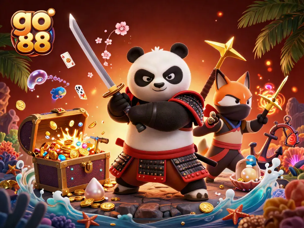 Engage with go 88 through a vibrant 3D illustration showcasing a samurai panda and ninja fox amidst underwater casino treasures.