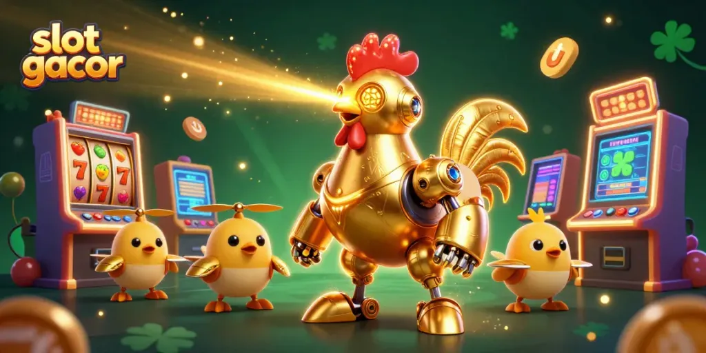 Slot gacor menampilkan robot ayam emas dan drone anak ayam di kasino dengan mesin slot penuh warna.