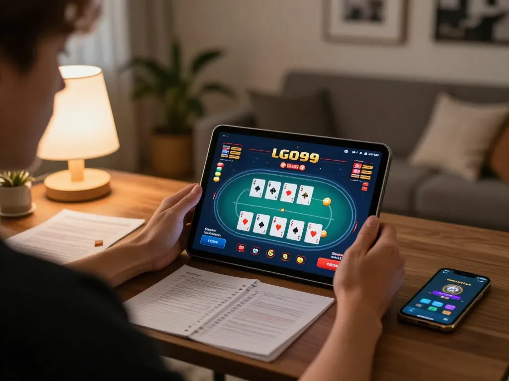 Pengguna LGO99 yang terlibat dalam permainan poker online dengan tablet di rumah.