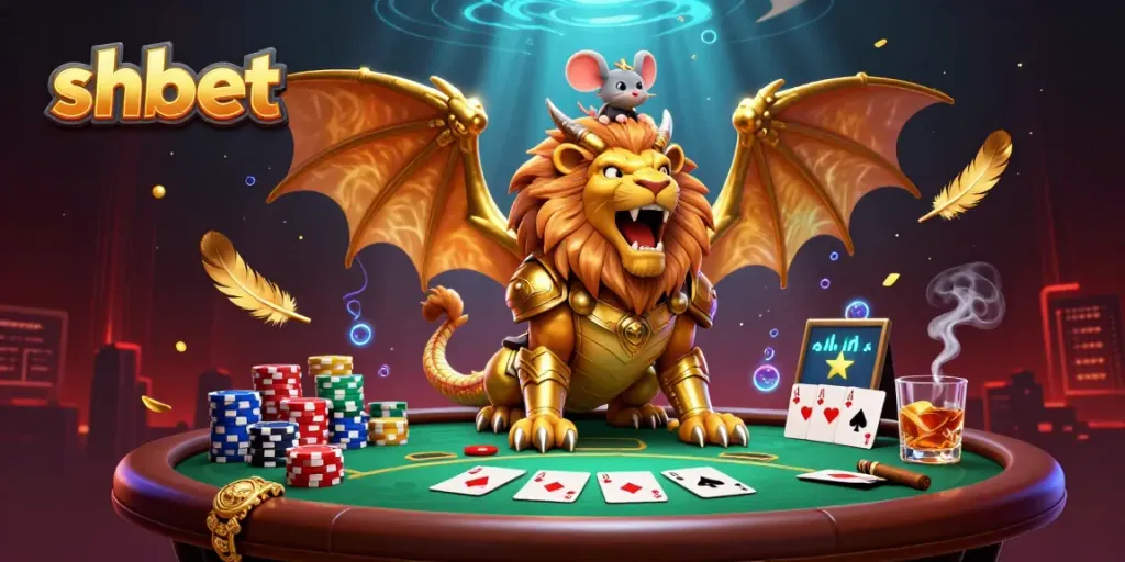 Engage with the shbet experience featuring a triumphant chimera creature and vibrant poker elements.
