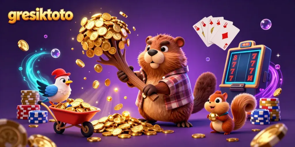 Experience the thrills at gresiktoto with our vibrant casino-themed 3D illustration showcasing fun characters and winning elements.