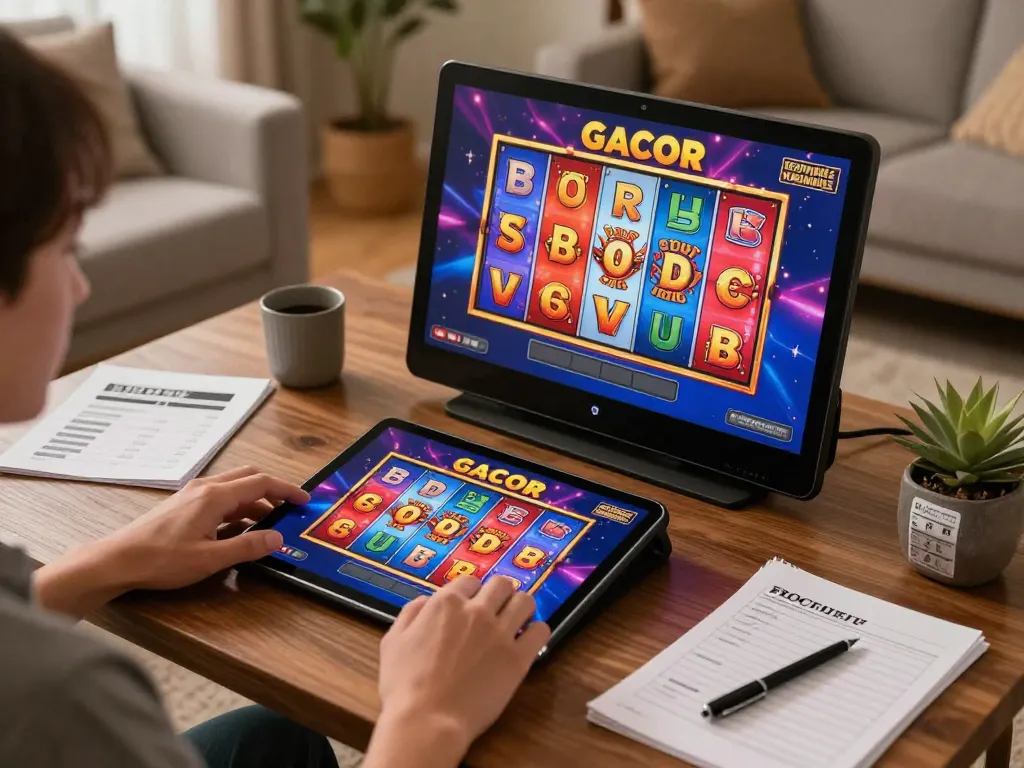Engaging with slot gacor on a tablet in a cozy home gaming setup emphasizing strategic bankroll management.