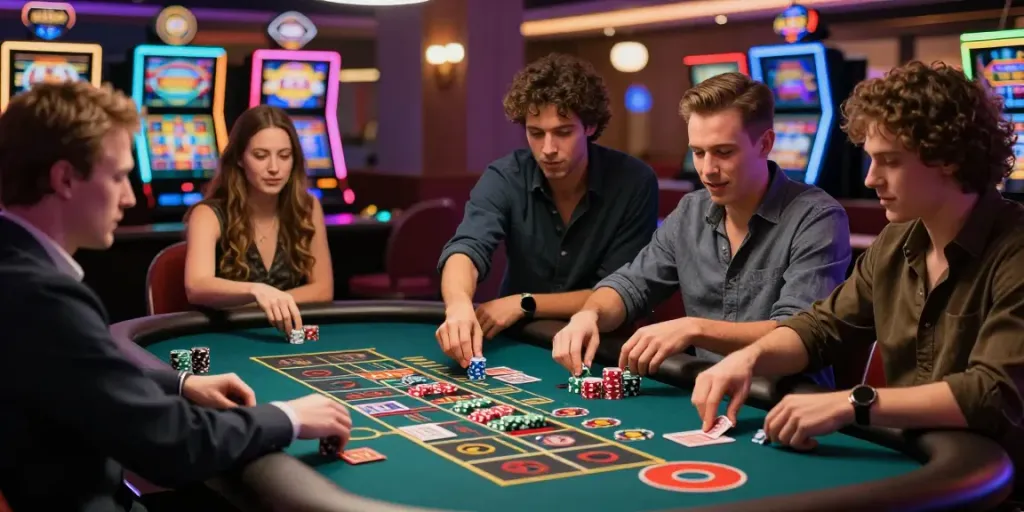 Suasana permainan kasino di mana pemain betslots88 berpartisipasi di meja roulette, menciptakan suasana yang penuh antusiasme.