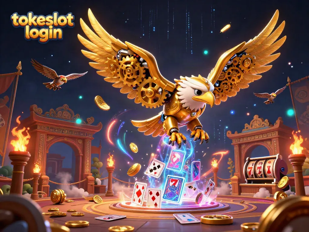 Engage in action-packed gameplay with Tokeslot login, featuring cybernetic eagle dive and holographic elements.