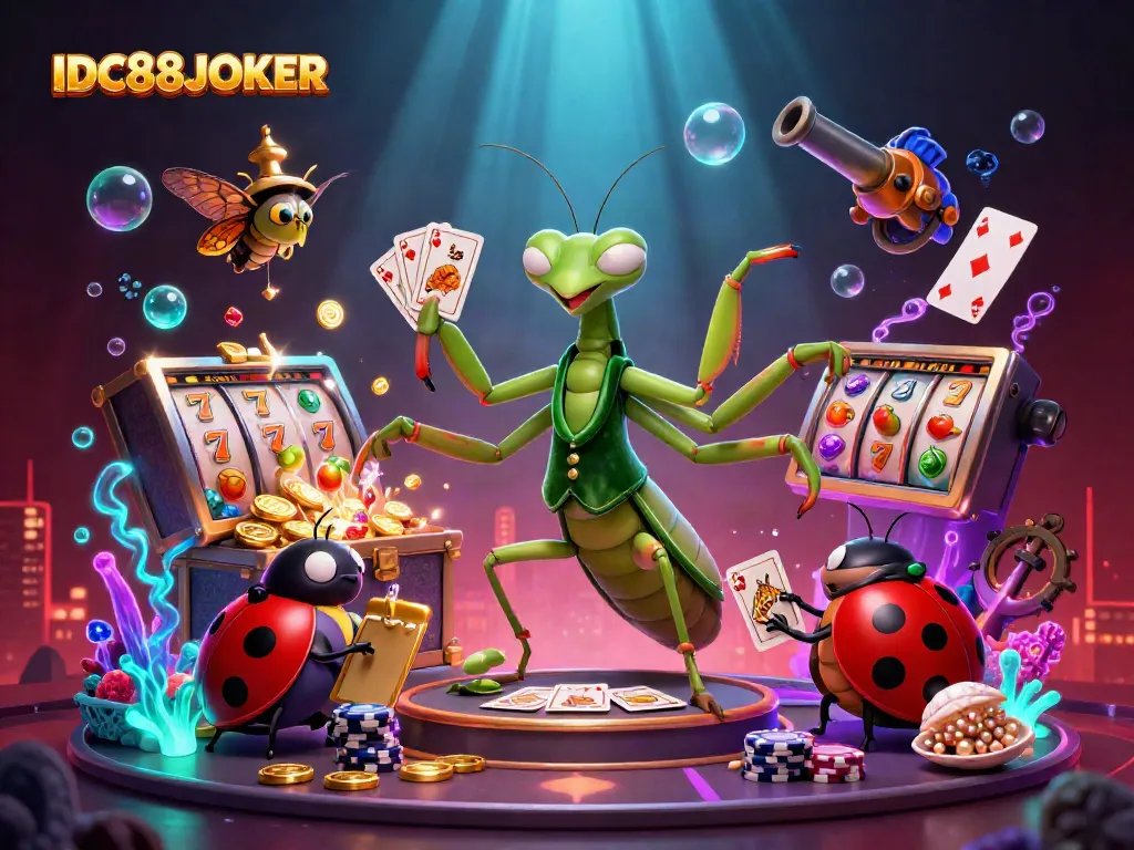 Experience thrilling gameplay with IDC88JOKER featuring a giant praying mantis and vibrant casino elements.
