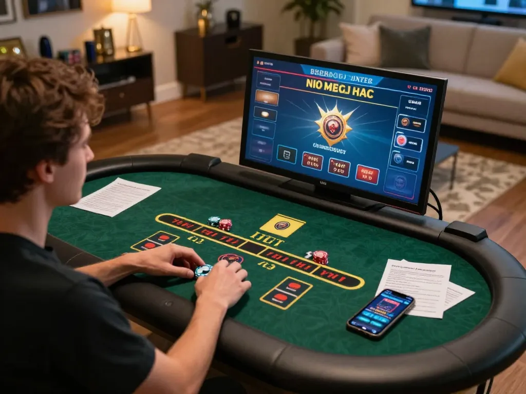 Player enjoying blackjack online on 98win with strategic notes and smartphone in a cozy setup.