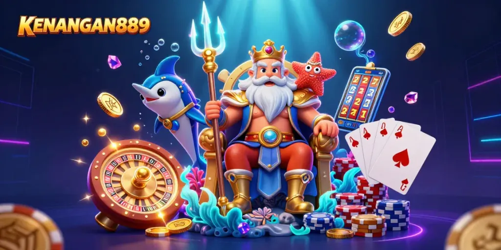 Experience the thrill of KENANGAN889 with vibrant casino elements and enchanting underwater characters.