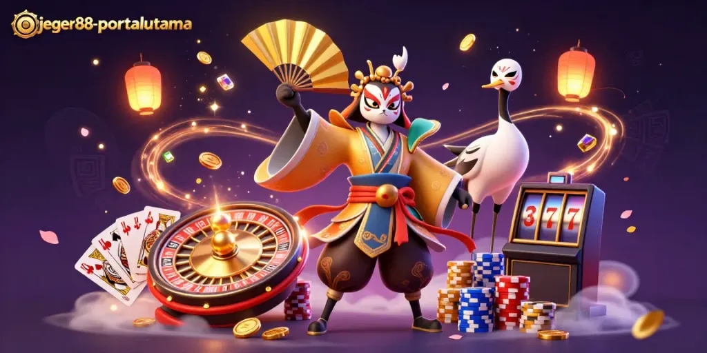 Menggandakan pengalaman bermain judi online di jeger88-portalutama dengan ilustrasi penuh warna dan elemen kasino menarik.