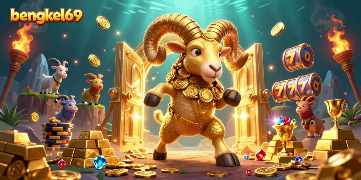 Bengkel69 attracts players with a vibrant scene of a golden ram charging towards treasure amidst sparkling slot elements.