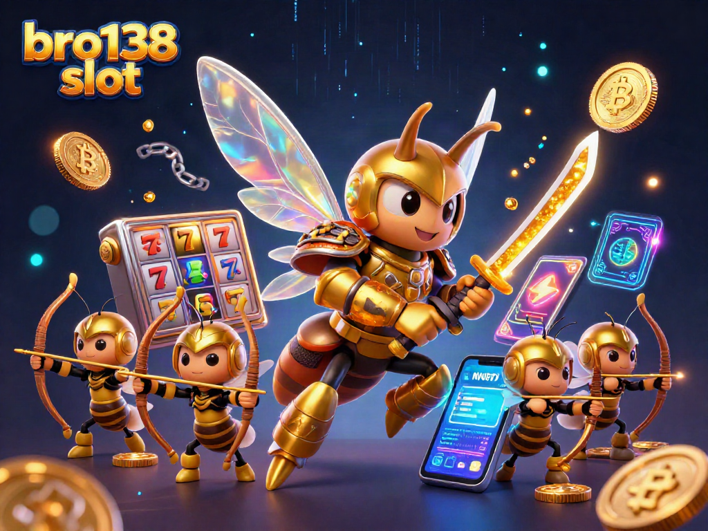 Win big with bro138 slot: A vibrant 3D illustration showcasing dynamic casino elements and crypto coins.