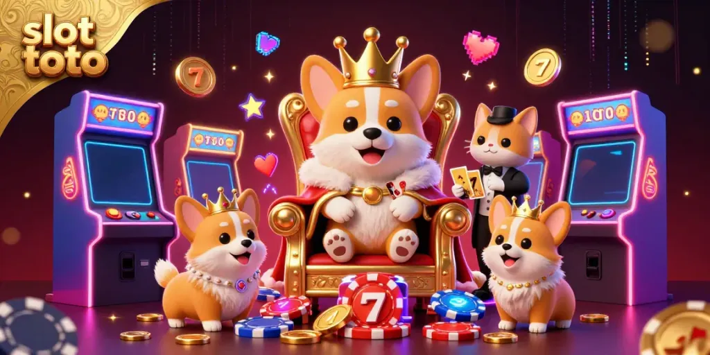 Experience slot toto excitement with a royal corgi on a poker chip throne surrounded by classic casino elements.