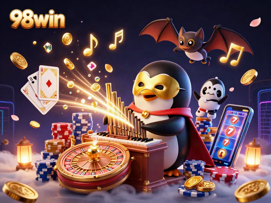 Engage with 98win's vibrant casino experience featuring a phantom penguin and gem-filled games.