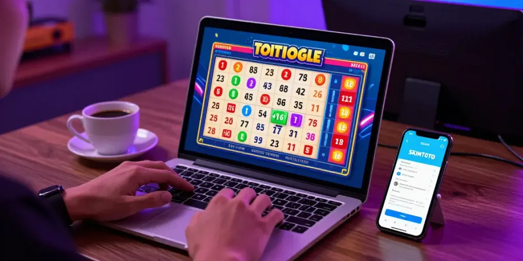 Permainan togel online di SKINTOTO dengan grafik warna-warni di layar dan aplikasi di smartphone.