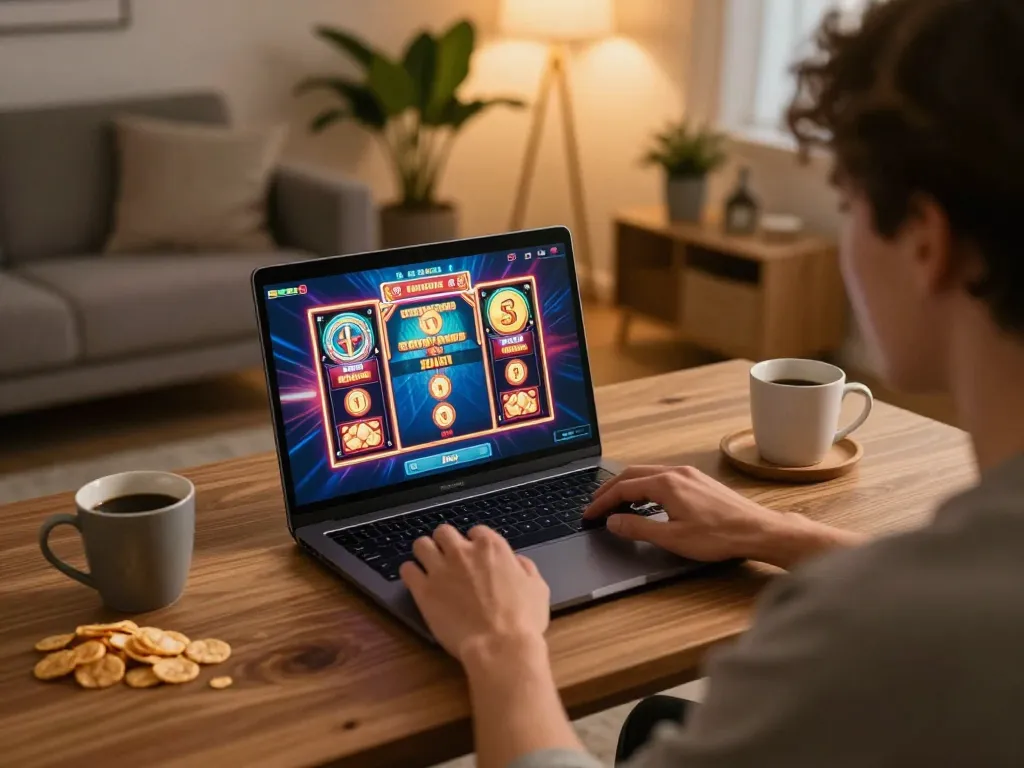 Engaging in online slots with LGOGOAL on a laptop in a cozy home setting