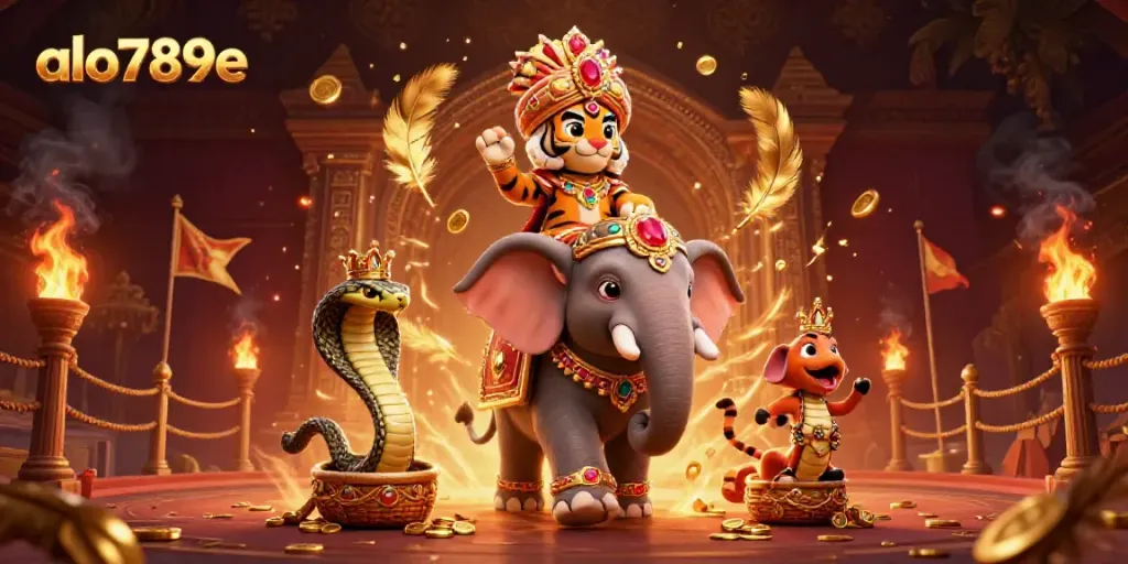 Experience the excitement at alo789e with a dynamic illustration featuring a maharaja tiger and jewel-encrusted elements.