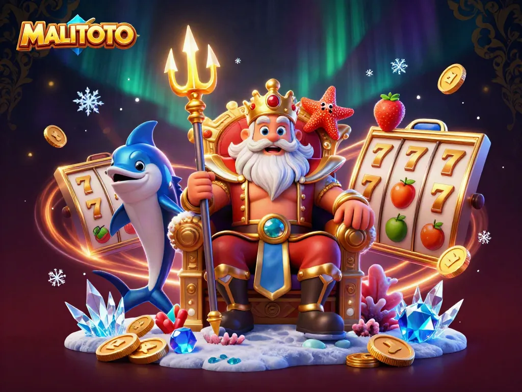 MALITOTO showcases a thrilling scene of Neptune amidst vibrant slot reels, with a dazzling casino atmosphere.