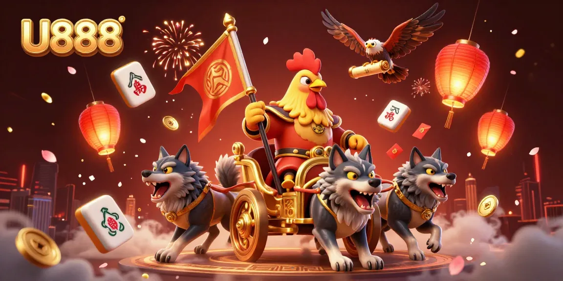 Experience thrilling gameplay with U888 in this vibrant 3D digital illustration featuring a cartoon rooster warlord.