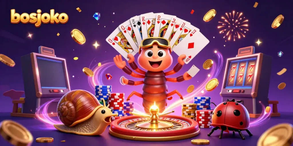 Experience thrilling gameplay with bosjoko as a cartoon dealer and characters in dynamic casino scene.