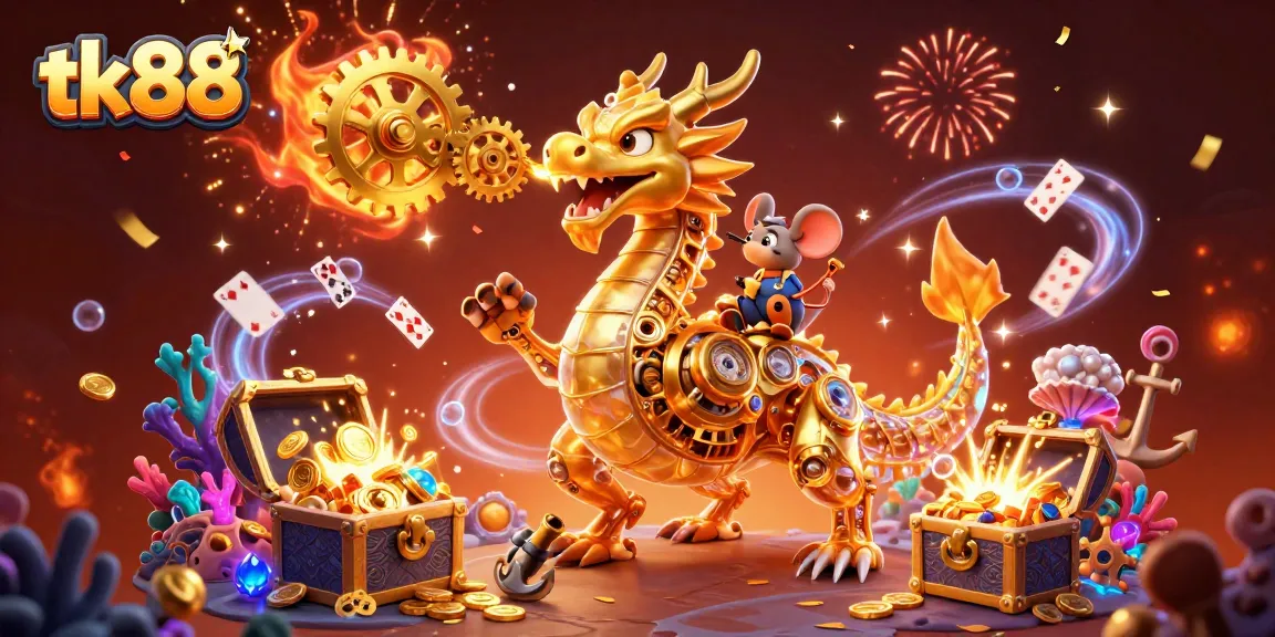 Engage with tk88 experience featuring a golden dragon and colorful treasures amidst a vibrant casino atmosphere.