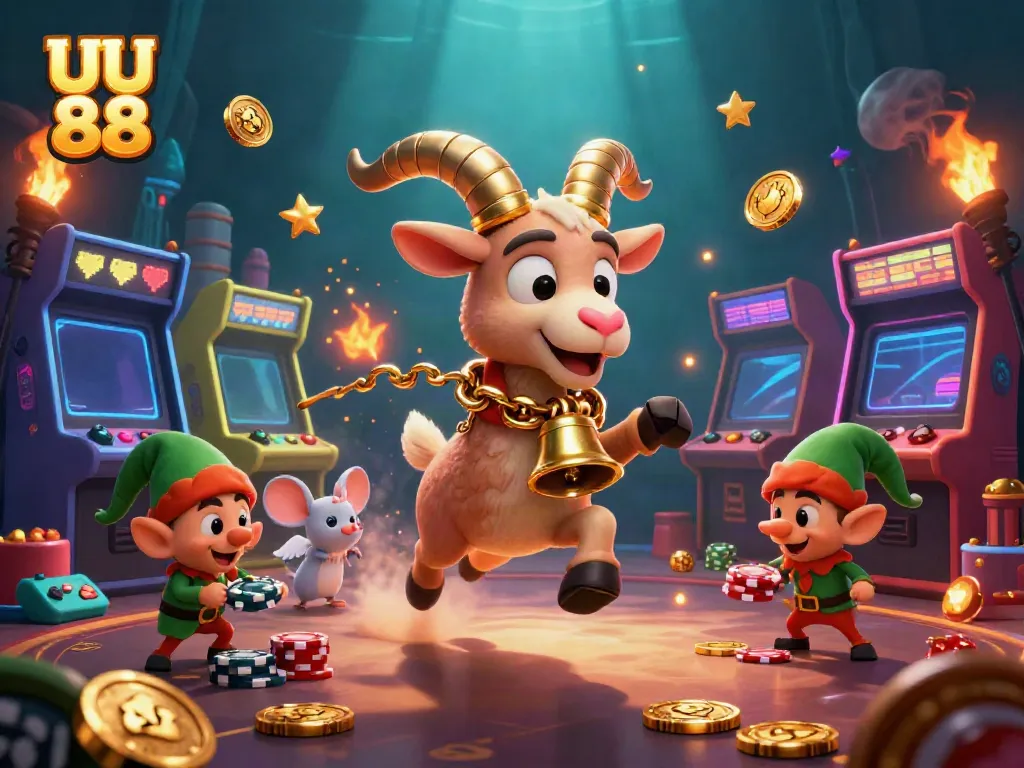 Experience the dynamic UU 88 casino scene where a Krampus goat oversees games while gremlins steal chips.