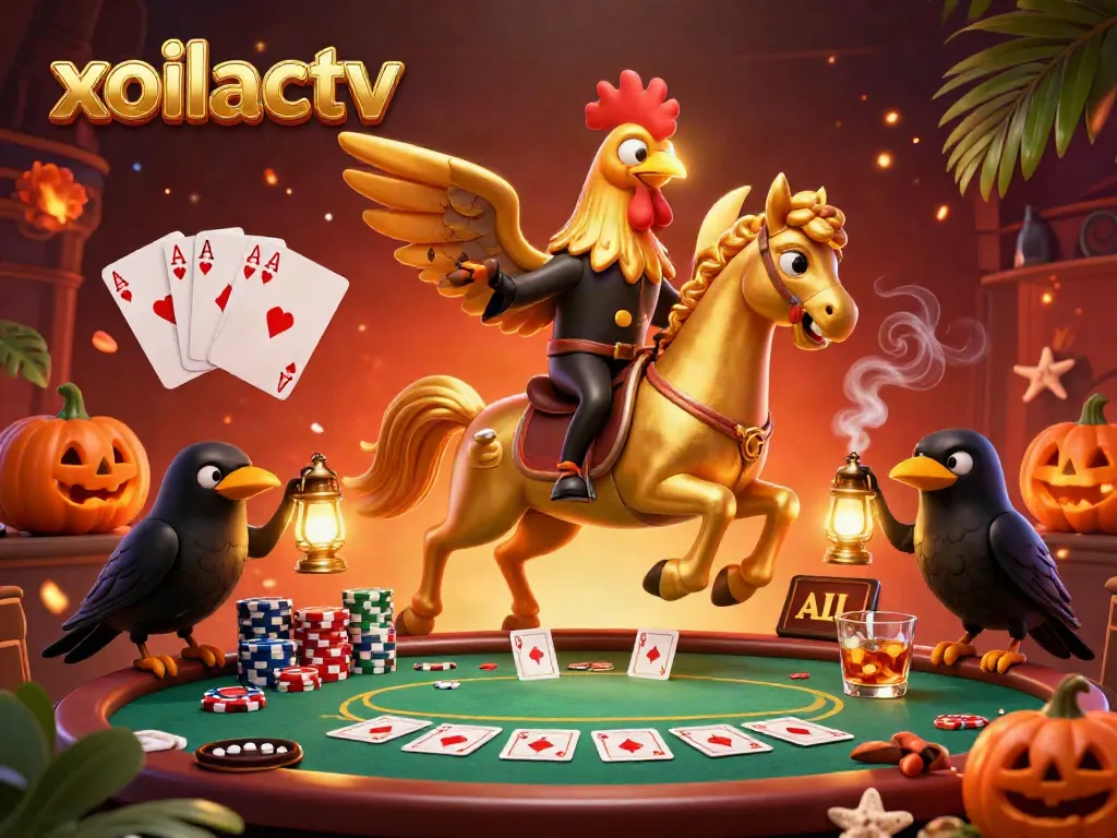 Experience the excitement of xoilactv’s vibrant casino atmosphere with poker tables, colorful chips, and whimsical characters.