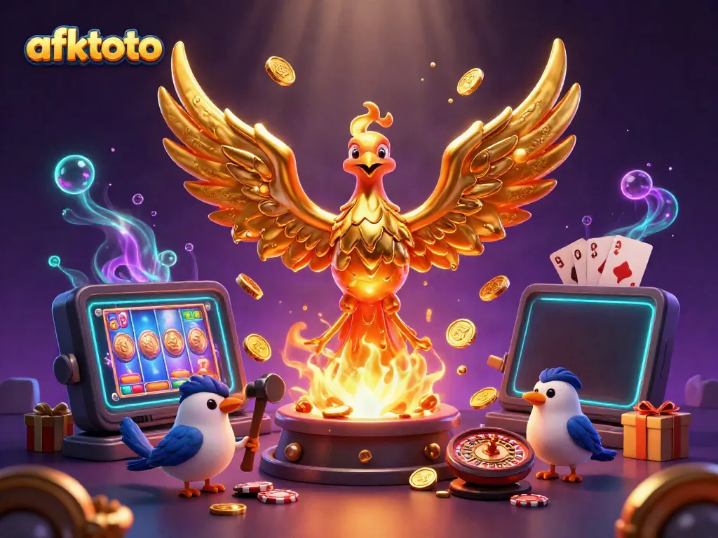Permainan slot afktoto dengan phoenix emas dan elemen kasino yang dinamis.