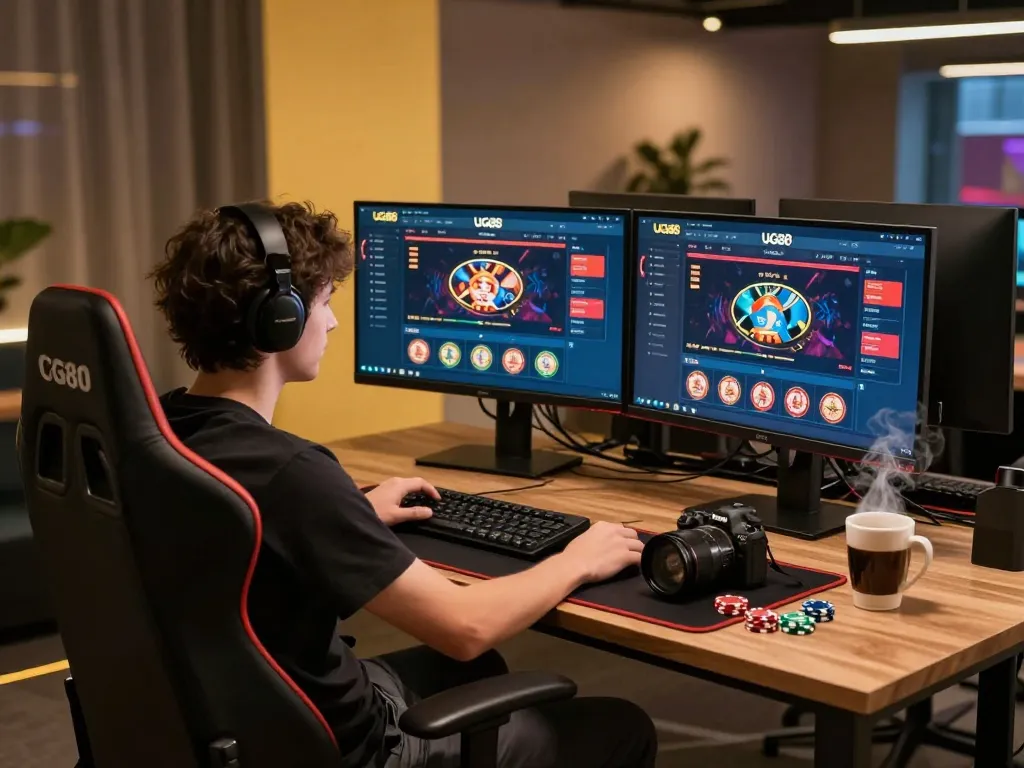 Person engaging with UG88 online casino interface on dual monitors during a focused gaming session.